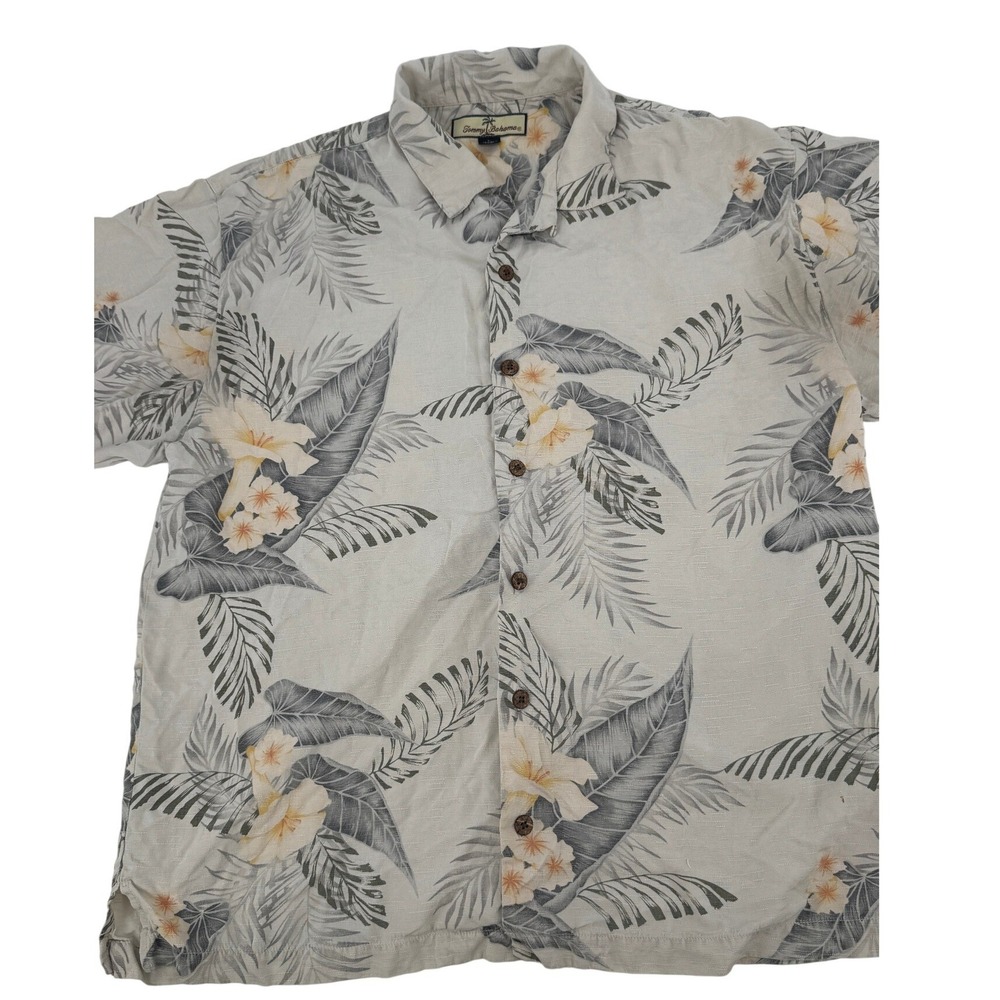 Tommy Bahama Silk Hawaiian Shirt Mens L Cream Tropical Floral Palm Aloha Shirt